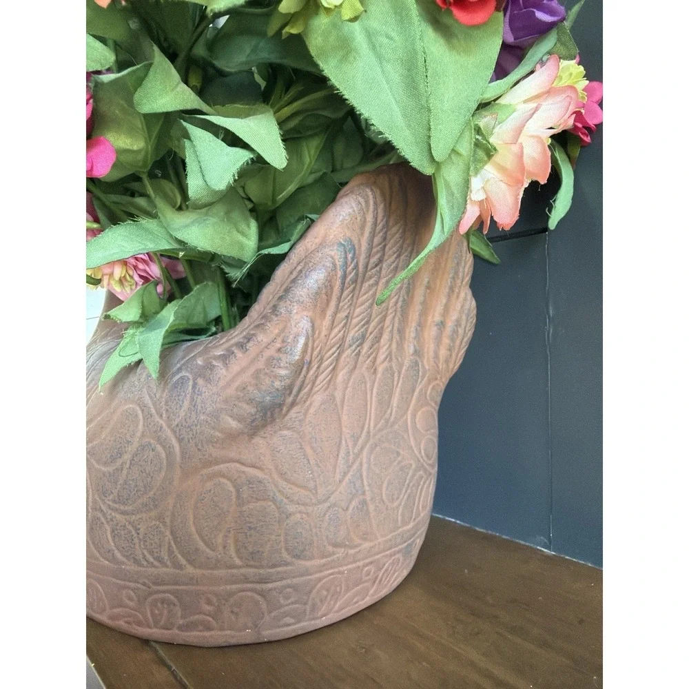 Folk Art Rooster Hen Planter w/ Faux Flowers Country Cottagecore Decor VTG